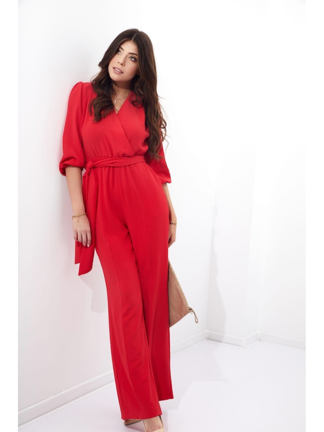 Jumpsuit with a crossover neckline, red 45272 - Online store - Boutique